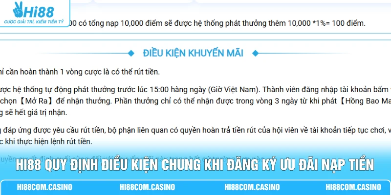 Khuyến Mãi Nạp Tiền Hi88 Giá Trị 5% Đến 20% Cho Hội Viên Hi88 quy định điều kiện chung khi đăng ký ưu đãi nạp tiền