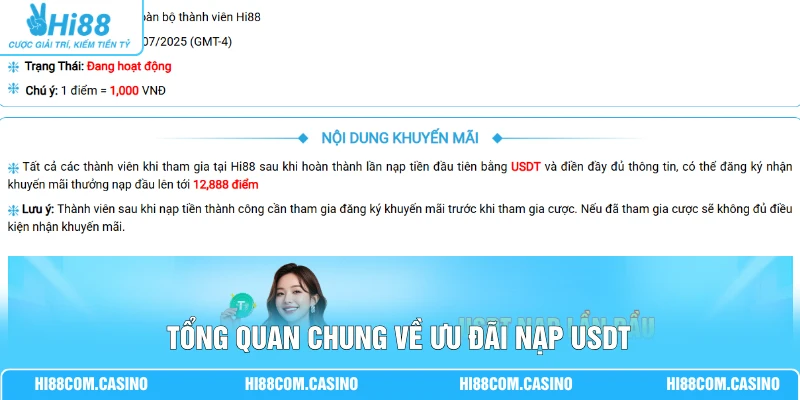 Nạp Tiền USDT Hi88 - Tặng Ngay Thưởng 0.6% Không Giới Hạn Tổng quan chung về ưu đãi nạp USDT